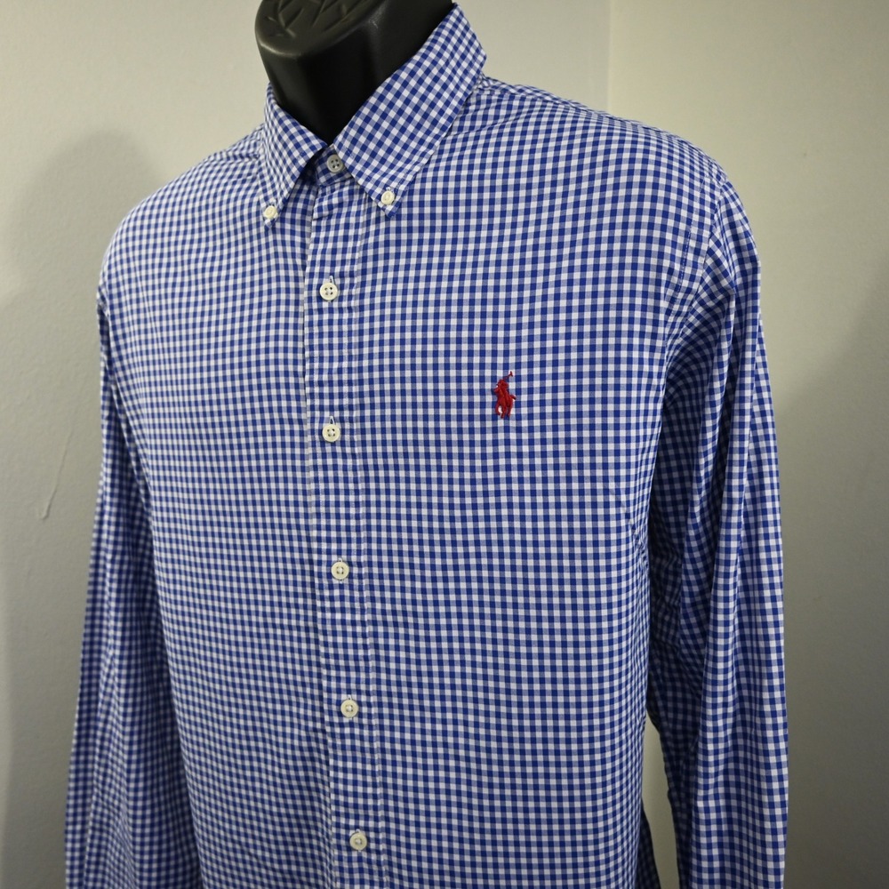 Ralph Lauren Button‎ Up Mens Large Blue Gingham Performance Stretch Shirt